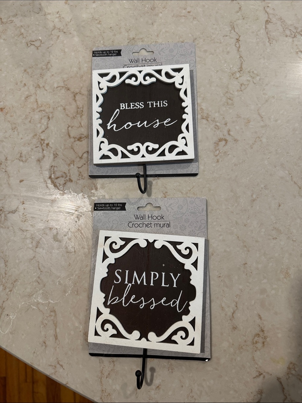 Set of 2 Wall Hook Decor - "Bless This House" & "Simply Blessed" - White/Black